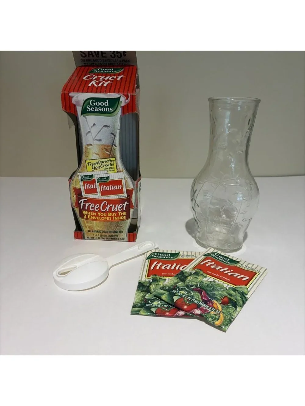 Vintage Good Seasons Cruet in Box - Glass Bottle, Plastic Lid, 2 Envelopes NEW